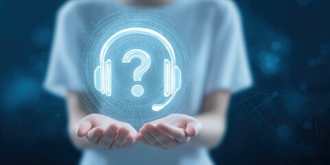 Futuristic Customer Service &ndash; Faceless Businesswoman Offering Glowing 3D Headset with Question Mark Icon, Symbolizing Innovative Tech Support and Interactive Client Assistance


