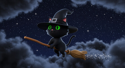 Whimsical Black Cat Witch Flying on Broomstick Against Starry Sky Halloween Illustration for Spooky Fun and Festive Celebrations
