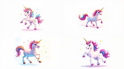 Four unicorns in different poses background style frame expression cartoonish emotion composition colorful motion layers backgrounds movement design creative illustration elements depth