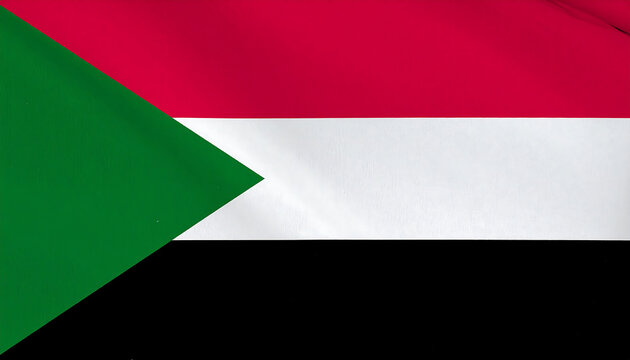 Sudanese flag with horizontal red-white-black stripes and green triangle at hoist, symbolizing revolution, peace, and heritage.