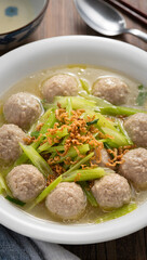 Bakso meatballs close-up in a rich broth with fresh green celery and fried shallots, high-resolution, appetizing and vibrant, food magazine style