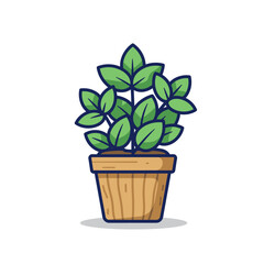 Obraz premium Flat illustration of a plant on wood pot, bold navy outline, soft shadow, isolated on white