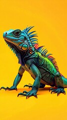 Fototapeta premium Vibrant Green Iguana Lizard on Yellow Background Detailed Reptile Portrait