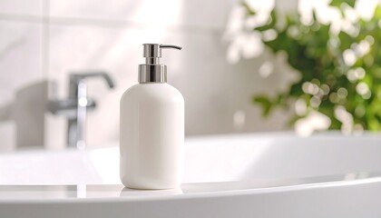 White Soap Dispenser On Modern Bathroom Countertop