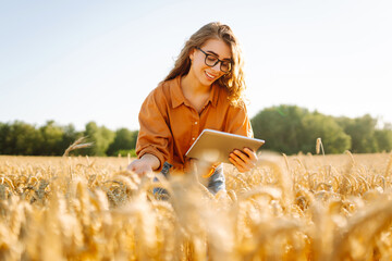A beautiful female farmer with a digital tablet in a golden wheat field. A female agronomist checks...