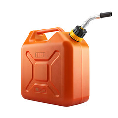 Bright orange plastic fuel can with a silver spout and black cap against a black background