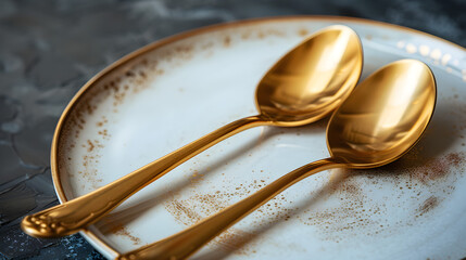 Golden Dessert Fork and Spoon on Ceramic Plate, in high resolution clean minimal style stock photo illustration background image ideal for templates advertisements and web banners showcasing modern ae