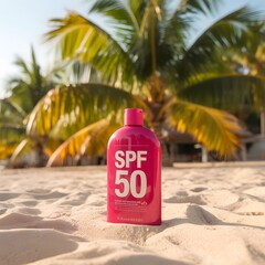 Bright pink spf 50 sunscreen bottle on a sandy beach with palm trees