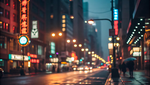 A rainy night scene in a vibrant city, with neon lights reflecting on the wet streets