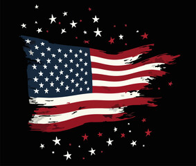 Vector design with decorative drawing of 
torn national flag of usa is fluttering in wind. 
Fashion t-shirt print. American pattern of stars 
and wavy stripes for textiles, fabric, clothing.