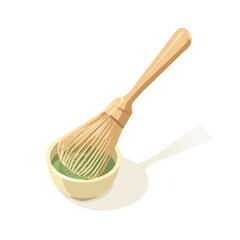 New Simple illustration flat 2D icon of bamboo matcha whisk on bowl isolated on a white background, vector design, ideal for animation, web design, digital, and minimalist design, clipart
