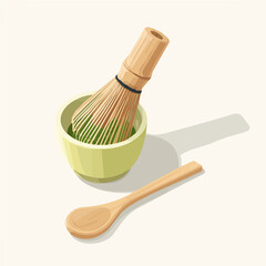 New Simple illustration flat 2D icon of bamboo matcha whisk in green bowl with spoon isolated on a white background, vector design, ideal for animation, web design, digital, and minimalist, clipart