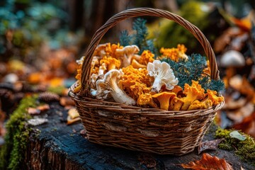A wicker basket filled with freshly picked chanterelle mushrooms on a mossy tree stump, amidst an autumn forest, offering a scene of autumnal woodland treasure.