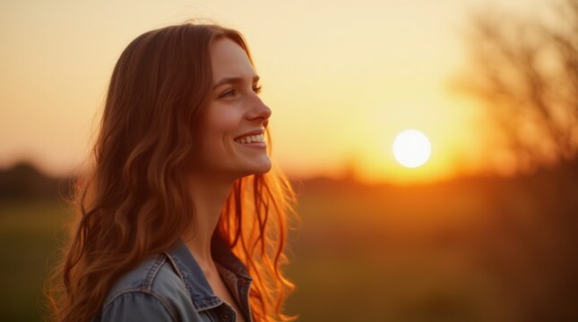 A woman with long brown hair smiles brightly as she looks at the sunset