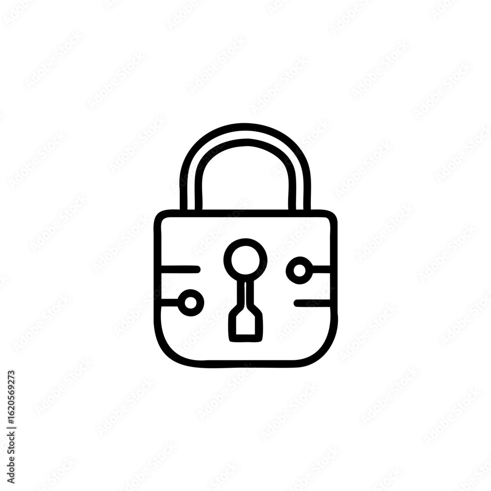 Poster outline cybersecurity lock icon with circuit board elements data protection