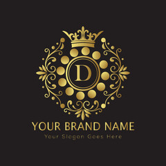 Letter Luxury brand logo design with a royal gold crown emblem and elegant typography	