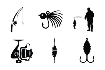 Set of fishing equipment vector icons including fisherman, fishing rod, fishing reel, fishing lure, fishing floats and fishing hook. Outdoor sport and recreation.  © Nazmul