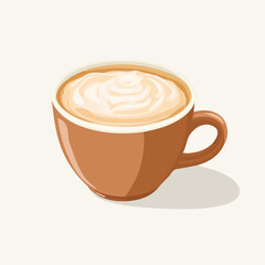 A Simple 2D flat illustration of a cappuccino in a ceramic mug with cream foam, in isometric view, isolated on a white background, vector 2D , icon, flat 2d illustration art, Eps painting, Vector set