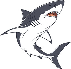 Fototapeta premium A menacing great white shark cartoon swimming in the deep blue ocean with its fin isolated on white