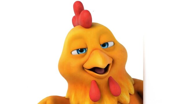A cartoon chicken with a friendly expression, peeking from behind a white surface, isolated on white background