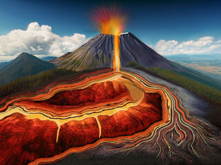 Hungarian volcano illustration showing lava and ash plume
Scientific diagram of volcano with labeled eruption features