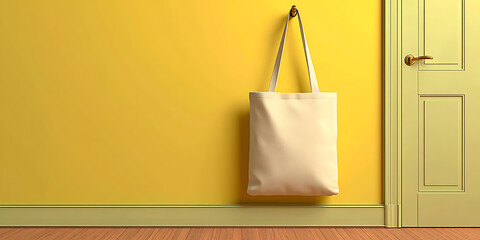 Beige canvas tote bag hanging on yellow wall near open door

