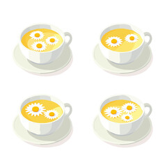 A Simple flat 2D chamomile tea in white cup collection illustration isometric view, vector clipart isolated on a transparent background — clean animation-style design, created by me