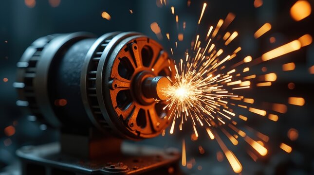 Motor armature with visible commutator segments creating electrical sparks while rotating

