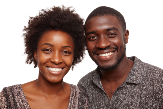 Couple portrait smiling together studio photography. Isolated on transparent background, png.