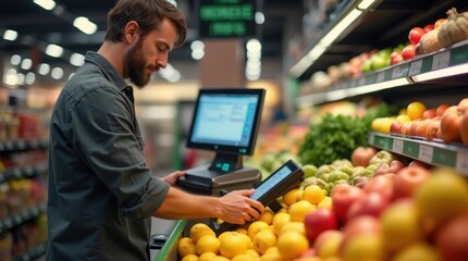 Male shopper operating self-service checkout terminal weighing fresh vegetables

