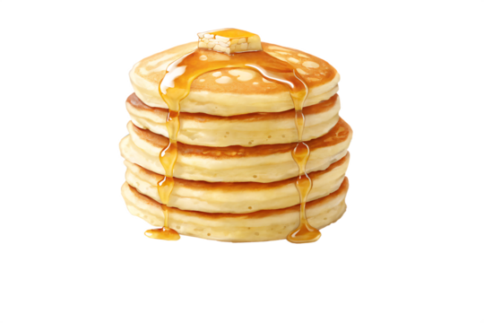 stack of golden pancakes on white ceramic plate isolain on background white