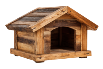 Cozy wooden dog house backyard pet shelter natural environment. Isolated on transparent background, png.