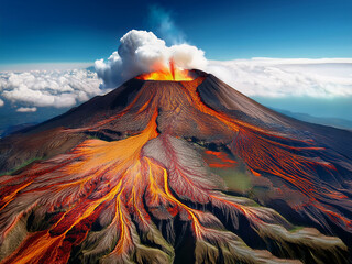 Educational volcano vector with labeled crater and lava stream
