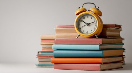 Colorful Books Stacked with Vintage Yellow Alarm Clock on Top Against Neutral Background