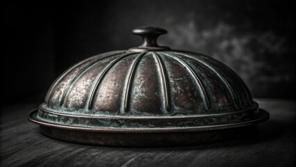 Antique metal dome lid on wooden surface