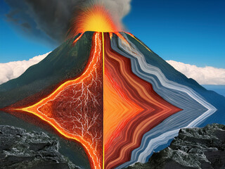 Volcano anatomy diagram with labeled magma chamber and ash plume
