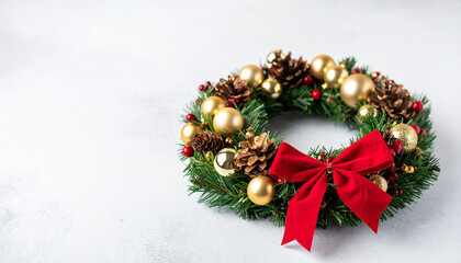 Elegant holiday wreath with gold ornaments, pine cones. Christmas and New Year celebration.