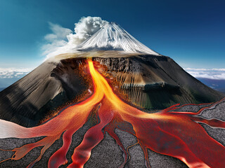 Scientific volcano diagram with labeled parts and erupting lava flow
