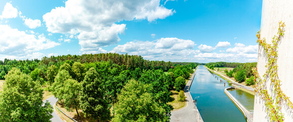 Federal waterway Main-Donau-canal, German: Bundeswasserstraße Main-Donau-Kanal. view from the floodgate Eckersmühlen (Haimpfarrich) Roth, Bavaria, Middle Frankonia, Germany