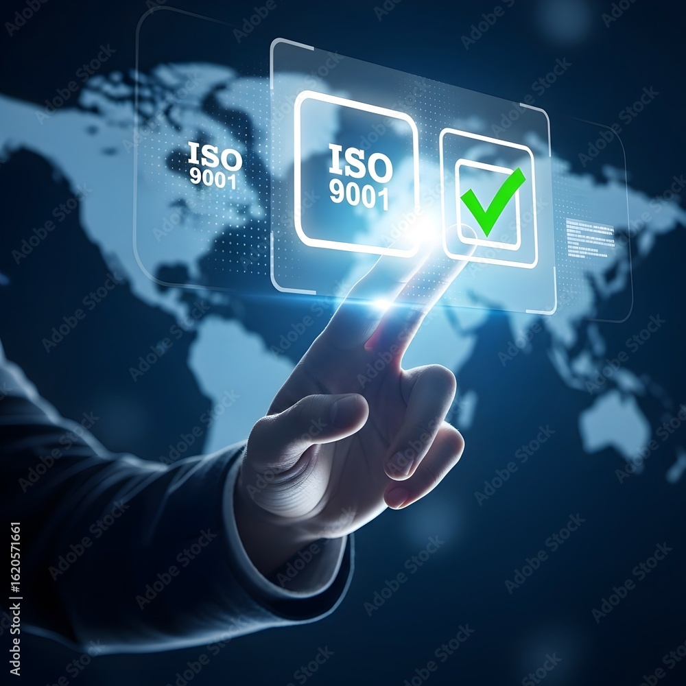 Poster hand touching a digital screen displaying iso 9001 certification with a green checkmark against a wo