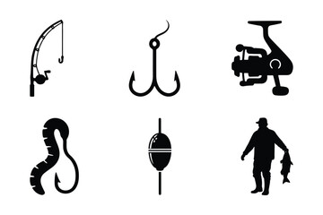 Set of fishing equipment vector icons including fisherman, fishing rod, fishing reel, fishing lure, fishing floats and fishing hook. Outdoor sport and recreation.  © Nazmul