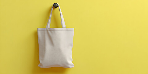 Beige canvas tote bag hanging on yellow wall with black hook

