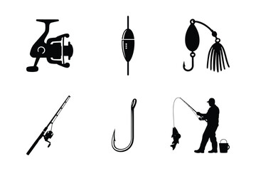 Set of fishing equipment vector icons including fisherman, fishing rod, fishing reel, fishing lure, fishing floats and fishing hook. Outdoor sport and recreation.  © Nazmul