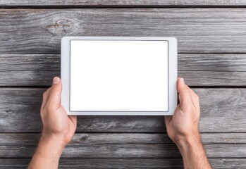 Hands Holding Tablet with Gray Wooden Desk - Blank Digital Mockup for Creative Projects