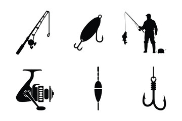Set of fishing equipment vector icons including fisherman, fishing rod, fishing reel, fishing lure, fishing floats and fishing hook. Outdoor sport and recreation.  © Nazmul