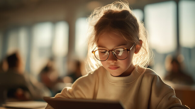 little girl using tablet in classroom with warm sunlight