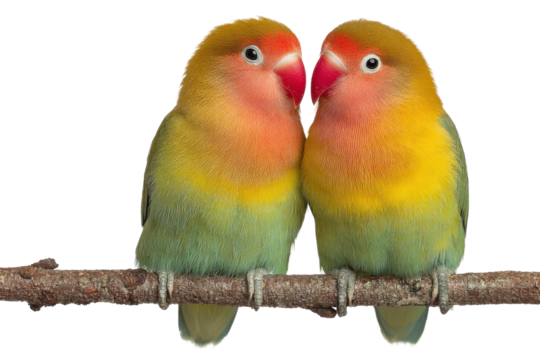 Lovebirds bonding on a branch nature scene close-up photography. Isolated on transparent background, png.