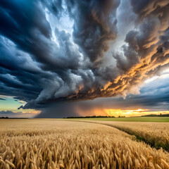 Golden wheat field under dramatic storm clouds dramatic sky