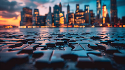 Interlocking Jigsaw Puzzle Pieces on Dark Surface with City Skyline Background, in high resolution clean minimal style stock photo illustration background image ideal for templates advertisements anda