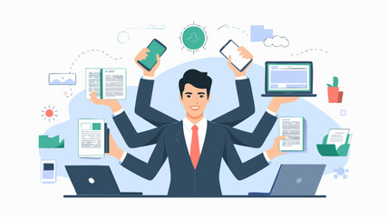 Business Multifaceted Vector SVG Illustration with Multiple Digital Devices and Documents in Modern Flat Style